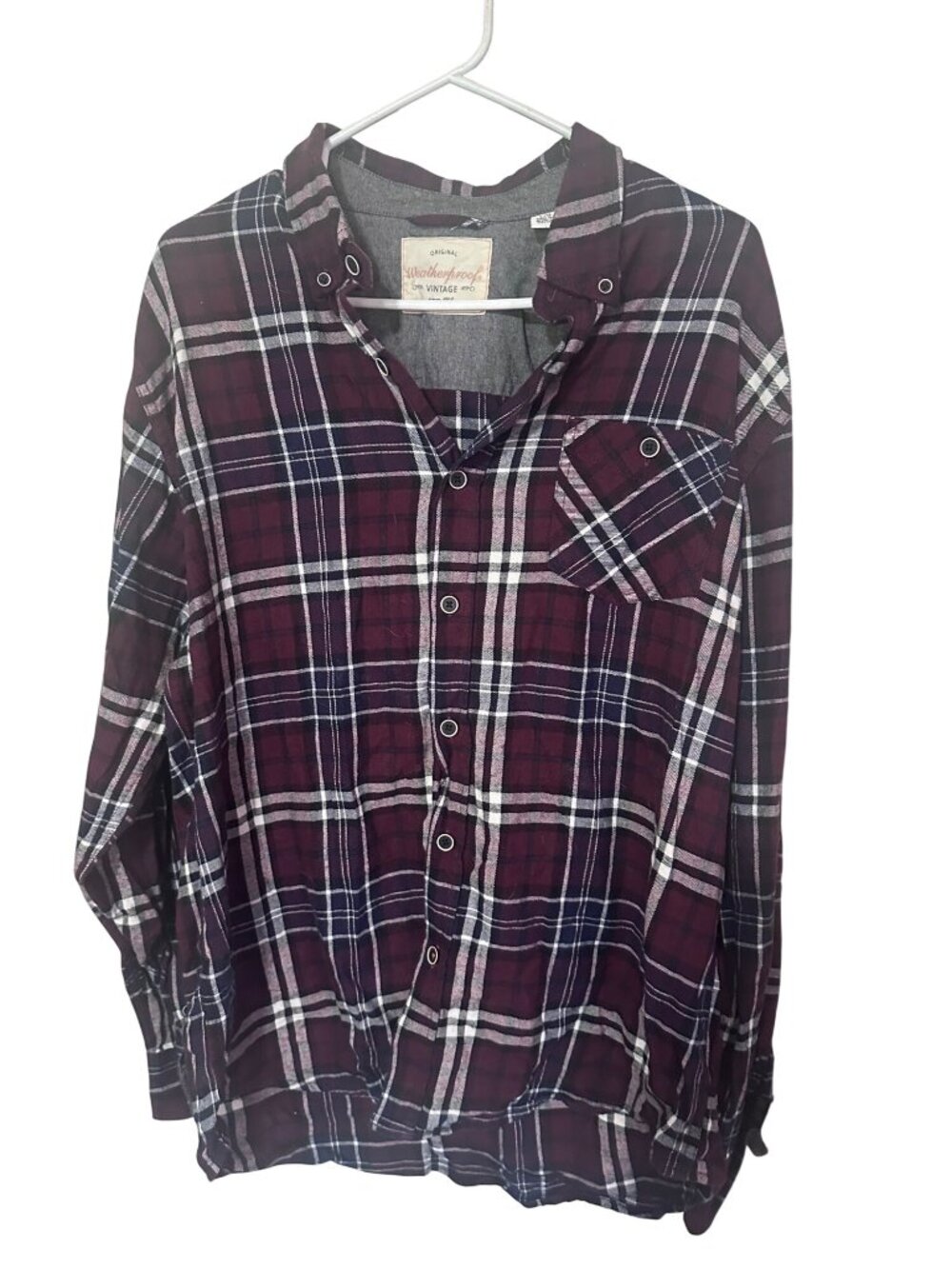 Original Weatherproof Vintage red black white and blue plaid button shirt size L